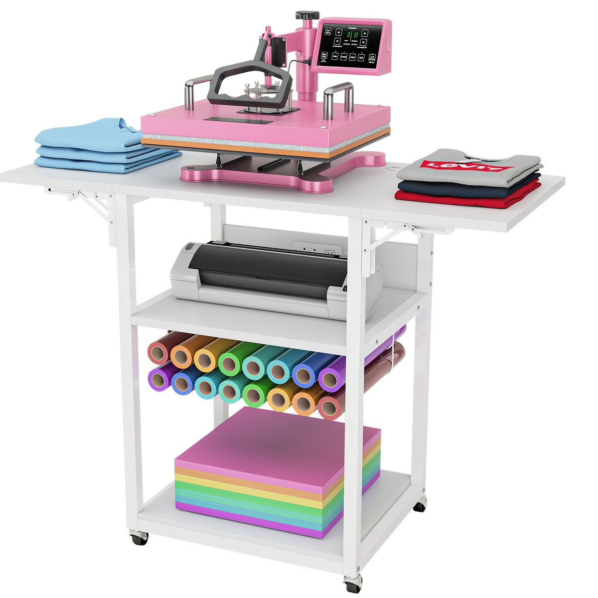 VISOUD 3-Tier Foldable Heat Press Machine Table, Portable Metal Stand with Vinyl Reel Holder, Heavy-Duty for DIY Sublimation Printer, White - Crafts, Crafts & Sewing Supplies, Heat Press Machine Accessories
