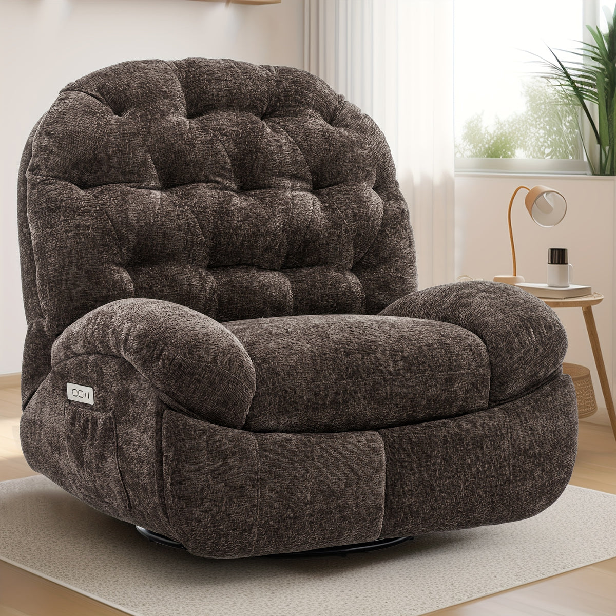 Living Room Swivel Recliner, Adult Electric Recliner with USB Ports and Side Pocket Storage, Comfortable Soft-shell Rocking Chair, Chenille Material Large-seat-width Recliner for the Living Room, Generously Wide Seating, a Fine Gift