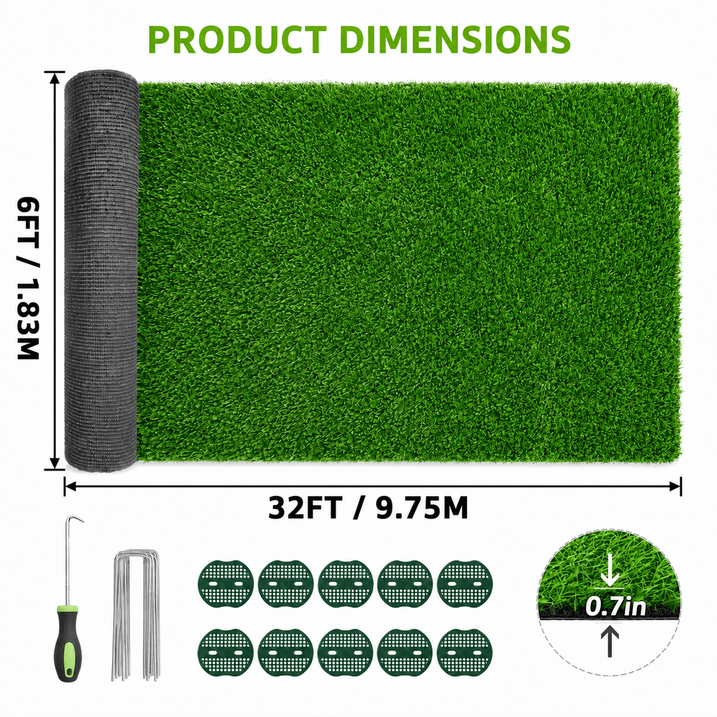 6ft X 22ft/ 6ft X 32ft Artificial Grass Turf, 132/192 Sq Ft Green Synthetic Lawn Roll With 0.7in Pile Height, Fast-Drainage Outdoor Grass For Patio, Balcony, Garden & Pet Area, Installation Tools Included