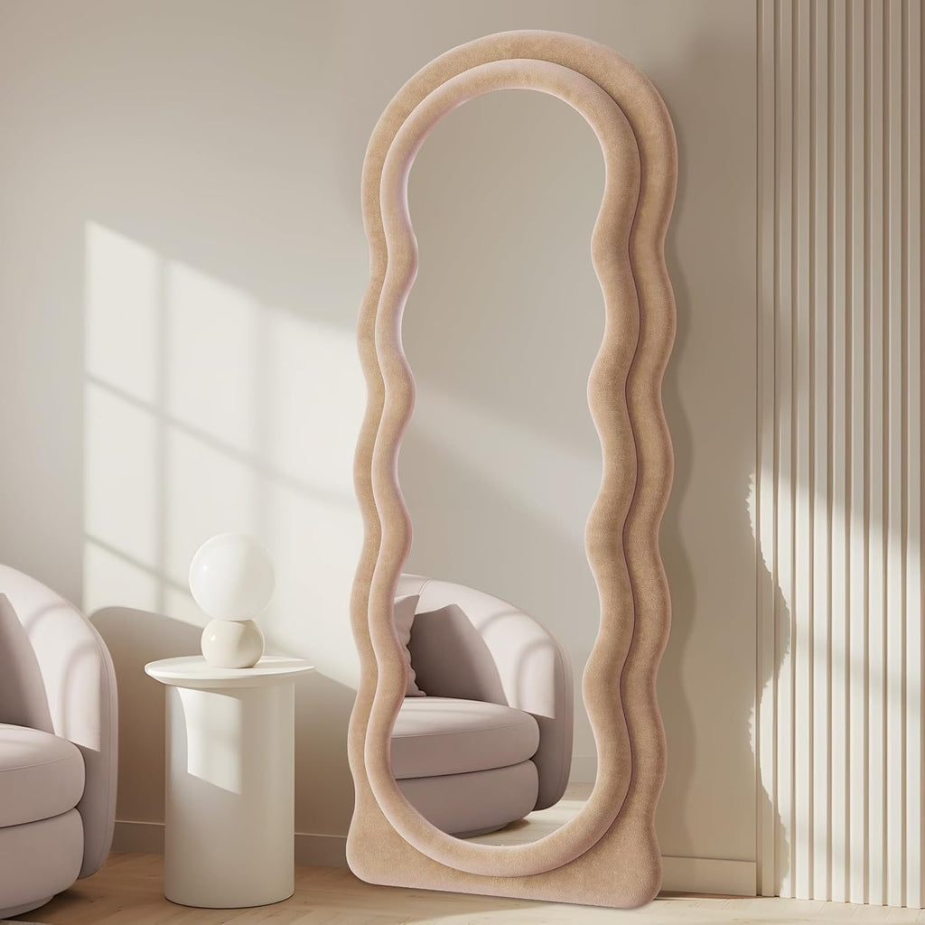 63"x24" Large Arched Full Body Mirror with Hot Pink Flannel Wrapped Frame & Stable Stand - Contemporary Floor Standing or Wall-Mounted/Leaning Mirror for Bedroom, Dressing Room, Entryway - No Electrical Required, Durable Construction
