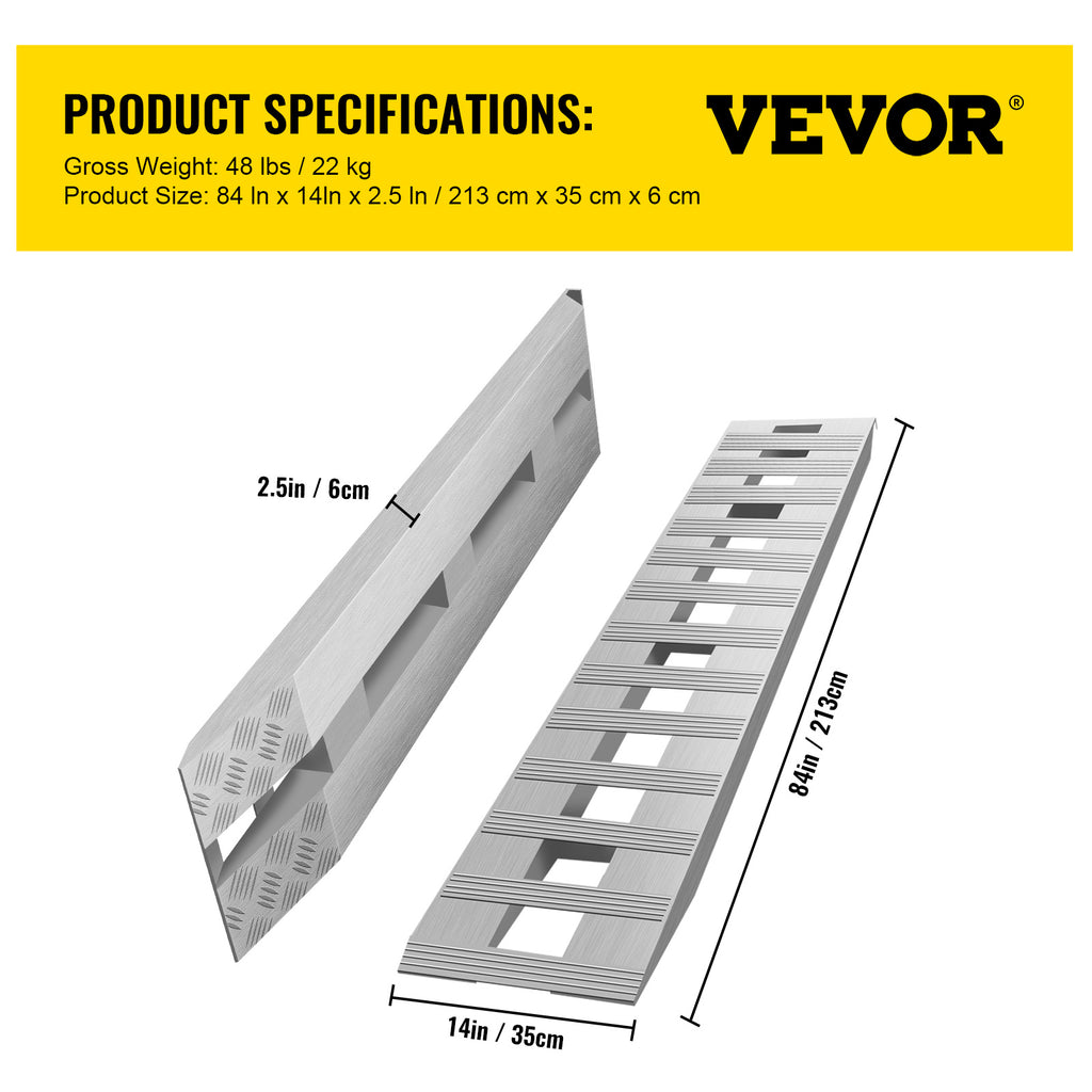 VEVOR 84x14 Inch Aluminum Ramps 6000LBS Capacity Car Trailer Truck ATV Ramps 1 Pair 2 Ramps
