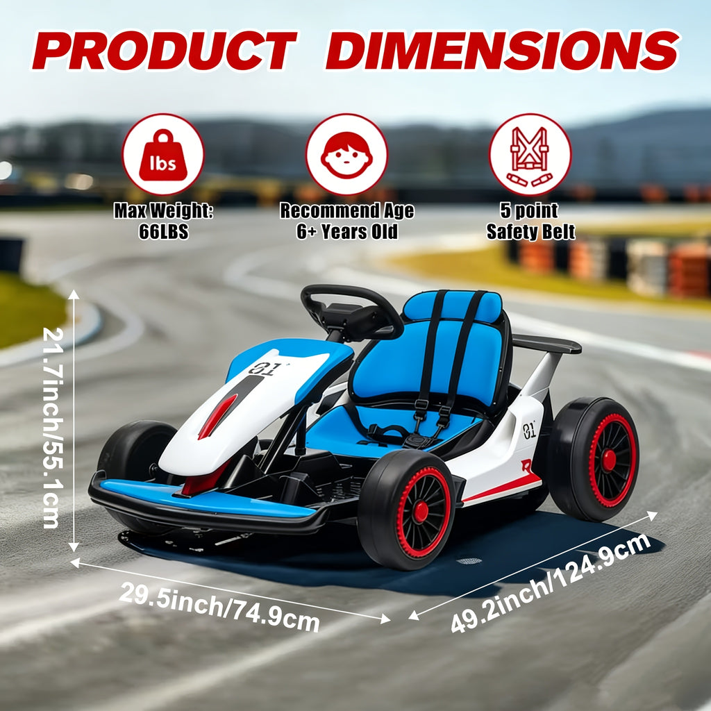 Kids Electric Ride-On Car with 4 PP Foam Tires, 110LBS Max Load, 5-Point Seat Belt, Music Mode & Dual Brake - Exciting Racing Experience for Ages 6+ (Red/Blue)