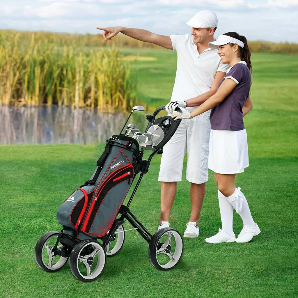 XDriveMax 4-Wheel Golf Push Pull Cart Foldable, One-Click Folding. Designed For Golf Clubs And Bags, Enhanced Storage