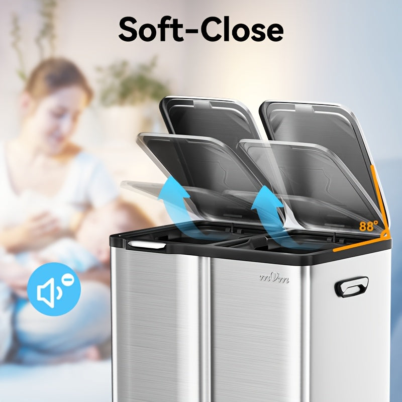 16 Gallon/60L Heavy-Duty Stainless Steel 3-Compartment Trash Can with Dual-Action Pedal & Hands-Free Operation, Odor-Proof Wet/Dry Separation System, Silent Close Lid, Removable Bins - Commercial/Residential Kitchen/Office Waste Disposal
