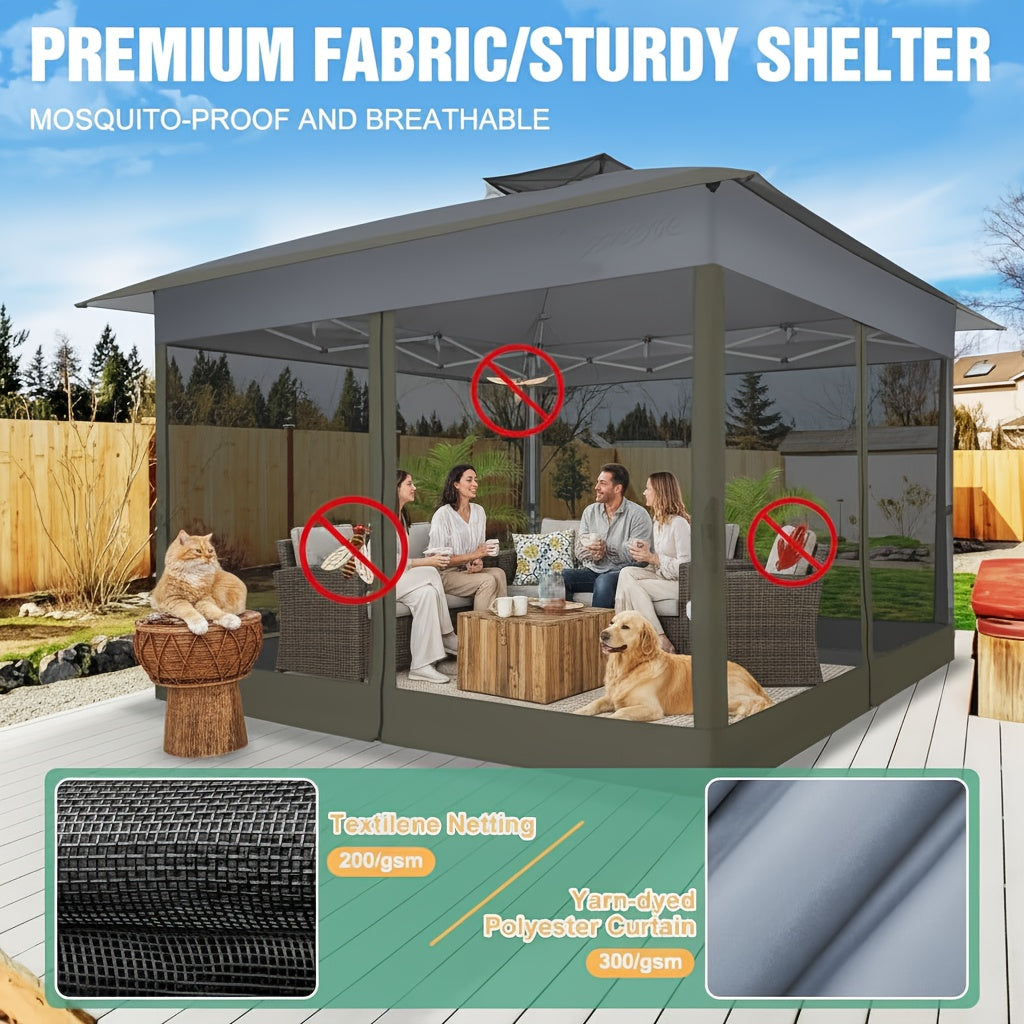 13x13ft Pop-up Gazebo Canopy Tent - Upgraded Metal Outdoor Waterproof Canopy - Portable Gazebo with Mosquito Net, 4 Ropes And 4 Sandbags, 8 Ground Pegs And Tote Bag, Suitable for Lawns, Gardens, Backyards And Patios.