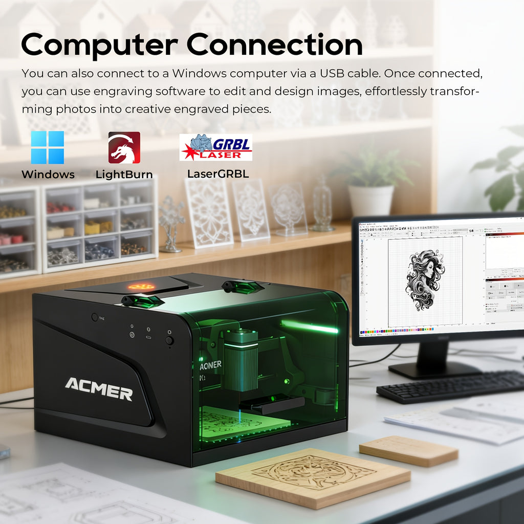 ACMER K1 Laser Engraver: A 2500mW Desktop Laser Engraving Machine With A 150×150mm Working Area And A 0.08mm Fine Engraving Spot. This Compact Laser Cutter Is Ideal For Wood, Plywood, And Acrylic Materials, Meeting The Needs Of Crafters And Small Bu