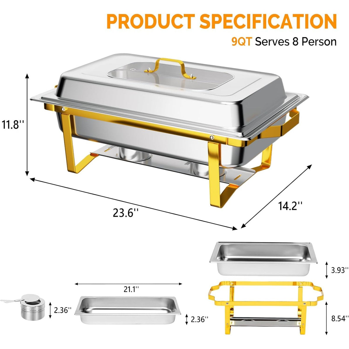 MEFEIR Chafing Dishes for Buffet 4 Pack, 9QT Chafing Dish with Multiple Food Pans Combo,Stainless Steel Buffet Servers and Warmers with Glass Lid & Folding Frame for Parties Weddings, Gold & Silver only for cooking