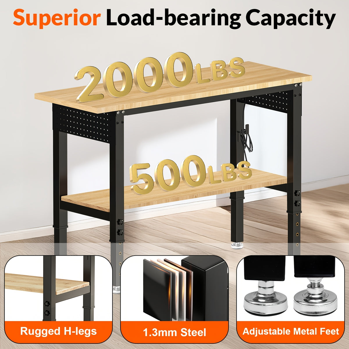 96"84"72"60"48"Adjustable Height Workbench with Power Outlet & Pegboard, 28"-40"Height Heavy Duty Solid Wood Work Table with 2000 to 5000 LBS Load Capacity for Garage, Shop, Office, Home