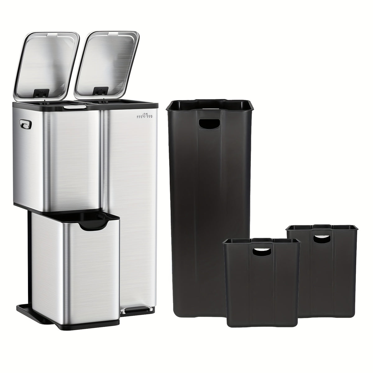 Three-Compartment Trash Can, 16-Gallon Stainless Steel Waste Sorter with Hands-Free Pedal and Removable Bins