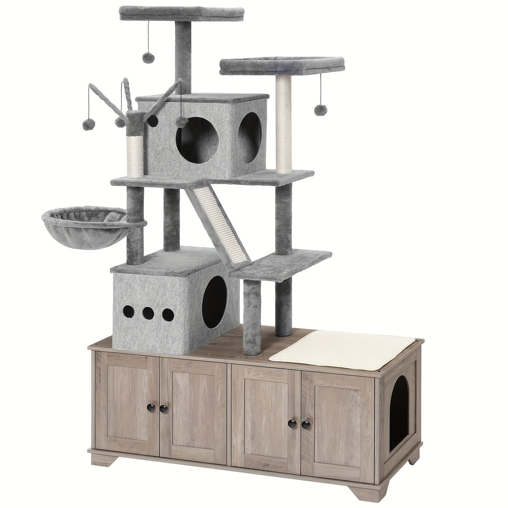 Double Litter Box Enclosure with Cat Tree, 45.3"L X 17.7"W X 68.9"H All-In-One Modern Cat Tower with Cat Bed, Hidden Litter Box Enclosure Furniture, with Hammock, Sisal Posts, Greige