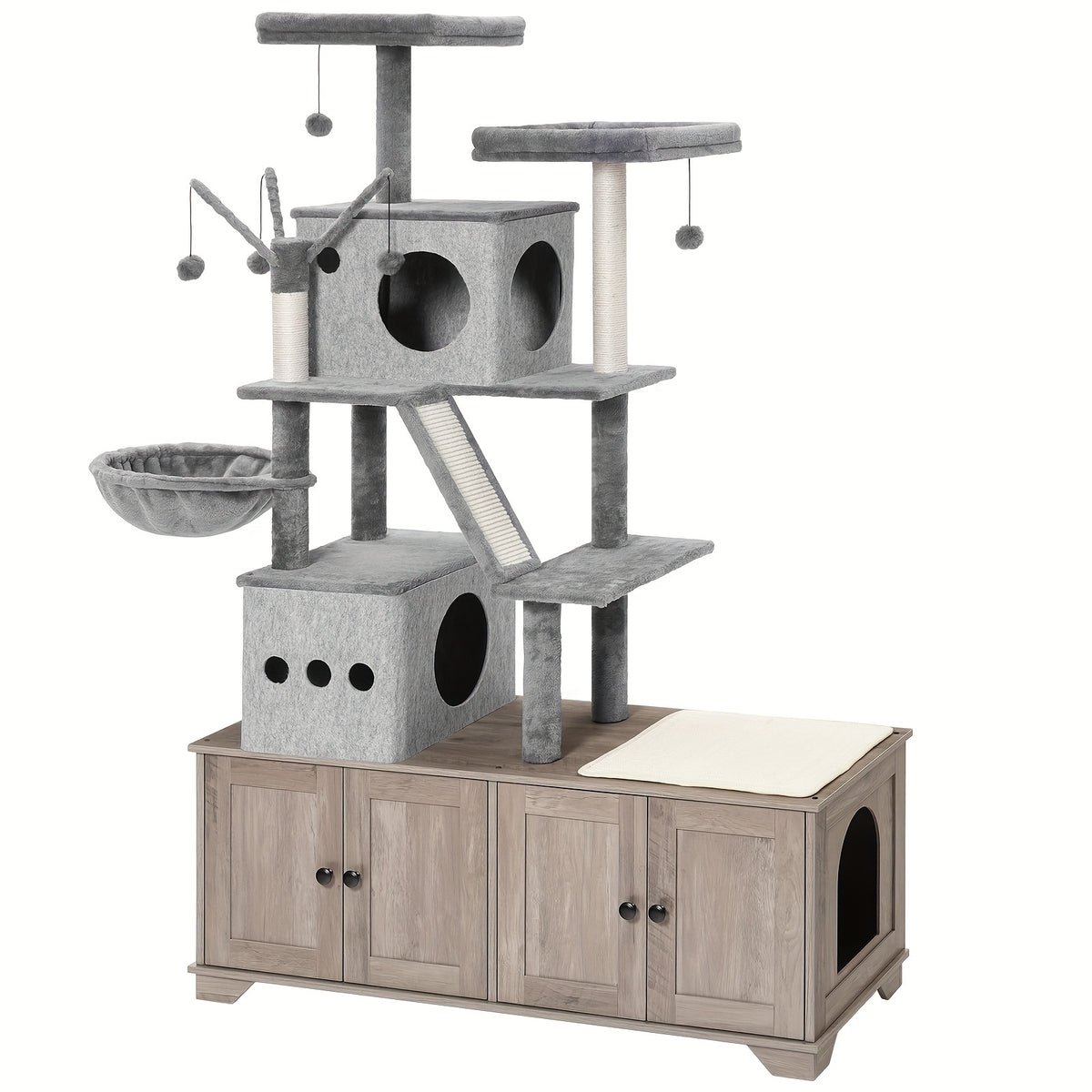 Double Litter Box Enclosure with Cat Tree, 45.3"L X 17.7"W X 68.9"H All-In-One Modern Cat Tower with Cat Bed, Hidden Litter Box Enclosure Furniture, with Hammock, Sisal Posts, Greige