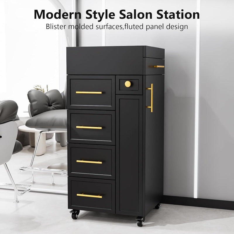 Heavy-Duty Salon Trolley Cart with 5 Drawers, 3 Tool Holders & Adjustable Shelf - Mobile Beauty Station with Locking Wheels, Large Top Surface - Sturdy Wooden Construction for Barber Shop, Salon, Spa, Home - Space-Saving Organizer Cabinet (White/Black) -