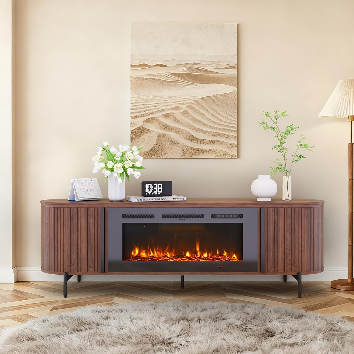 Luxury 70" Fluted Fireplace TV Stand, Modern Chic Entertainment Center for TVs Up to 80 Inches, TV Console with Faux Marble Top, Curved Profile Design, Media Console for Living Room