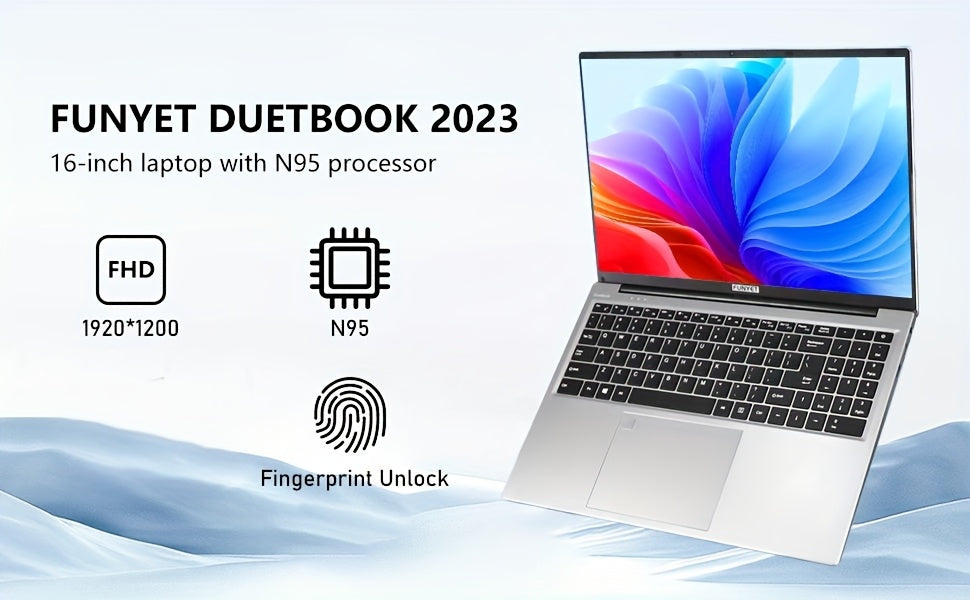 FUNYET 16 Inch Laptop Computer, Gaming Laptop, Intel 12th Gen N95 Processor(up to 3.4GHz), FHD 1920 * 1200, 180 Angle Opening, Fingerprint Unlock, Backlit Keyboard