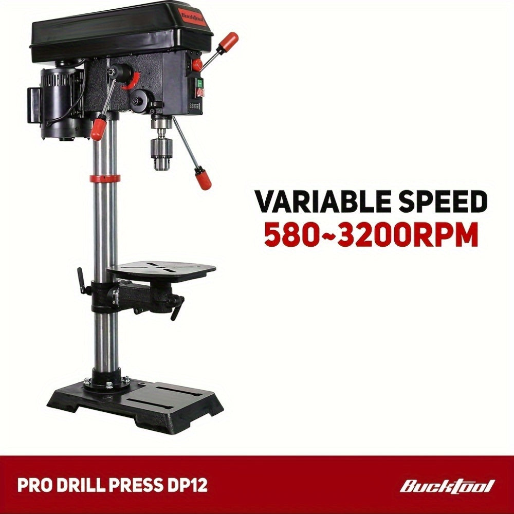 BUCKTOOL 12 INCH 6.2A Professional Bench Drill Press, 3/4HP Powerful Benchtop Drill Press, Variable Speed Drill Press With Work Light
