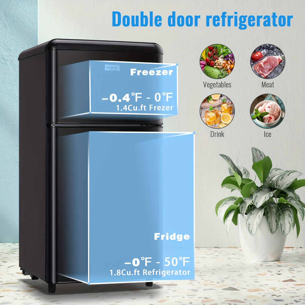 WANAI 3.5 Cu. Ft Mini Fridge with Freezer 2 Doors Mini Fridge Small Refrigerator with Adjustable Thermostat, Shelves Retro Mini Fridge for Dorm, Office, Bedroom, Apartment Black