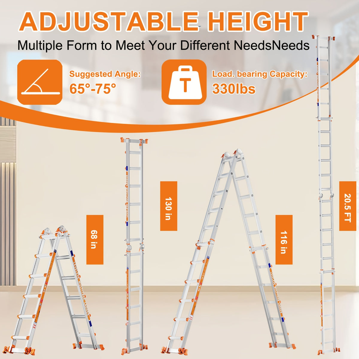 LEVELEVE 6-Step A Frame Step Ladder, Extension Ladder with Two Stabilizer Bars & Wheels, 330 Lbs Security Load Multi-Position Ladder for Stairs Home Indoor Outdoor Roof