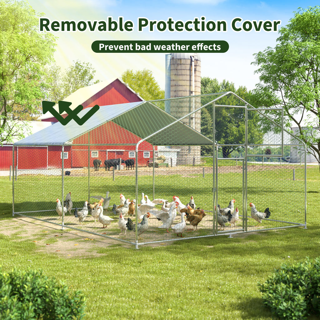 Walk-In Chicken Run with Feeding Port and UV-Resistant Cover, Galvanized Outdoor Poultry Enclosure