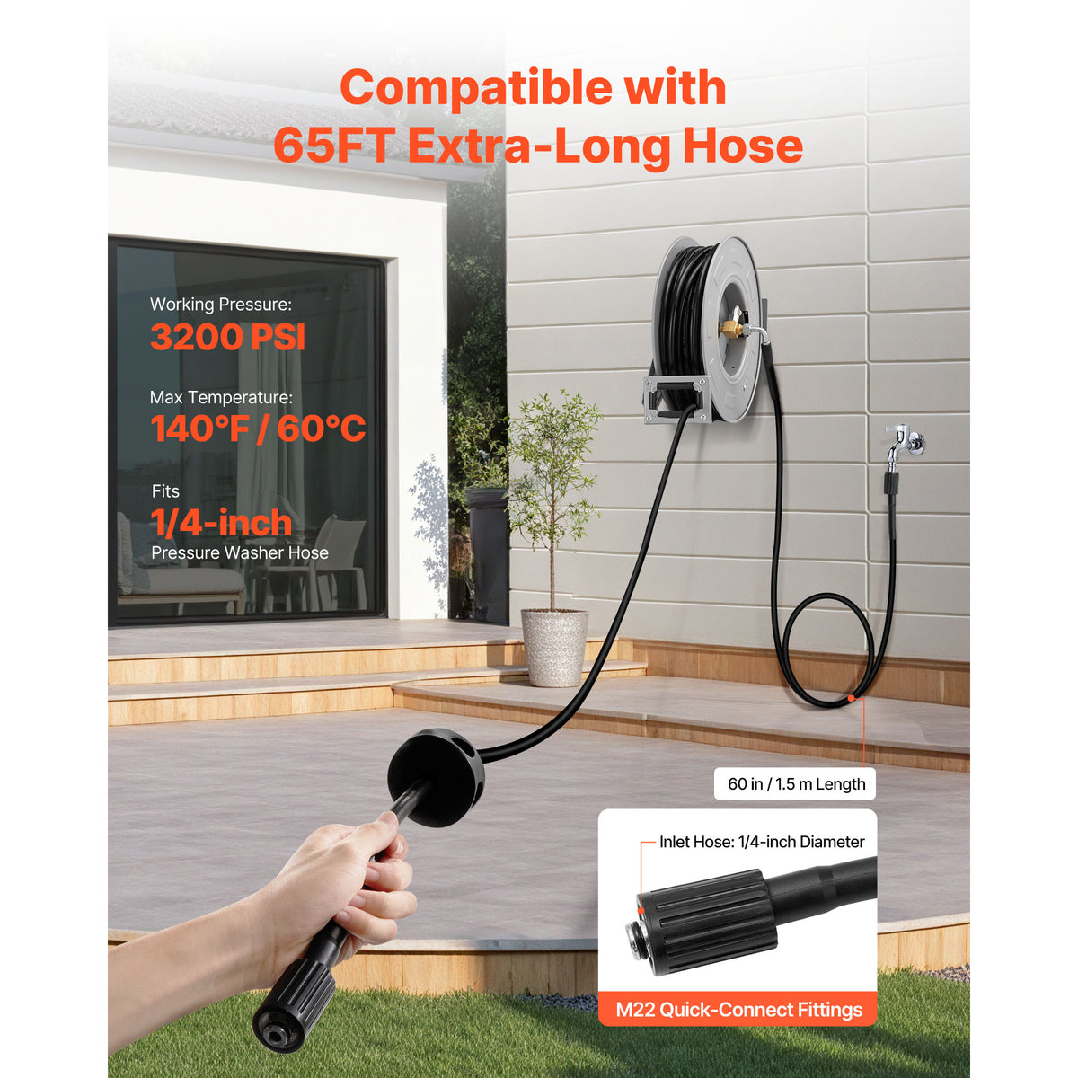 VEVOR Pressure Washer Hose Reel 65ft x 1/4in Retractable 3200PSI Auto-Rewinding