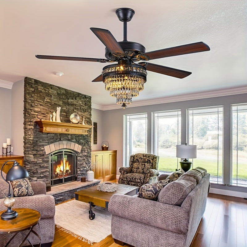 Crystal Ceiling Fan Fandelier with Lights - Modern Outdoor Fans with Remote Control, Noiseless AC Motor, Retro/Farmhouse Lighting, Dining Room, Living Room (52"