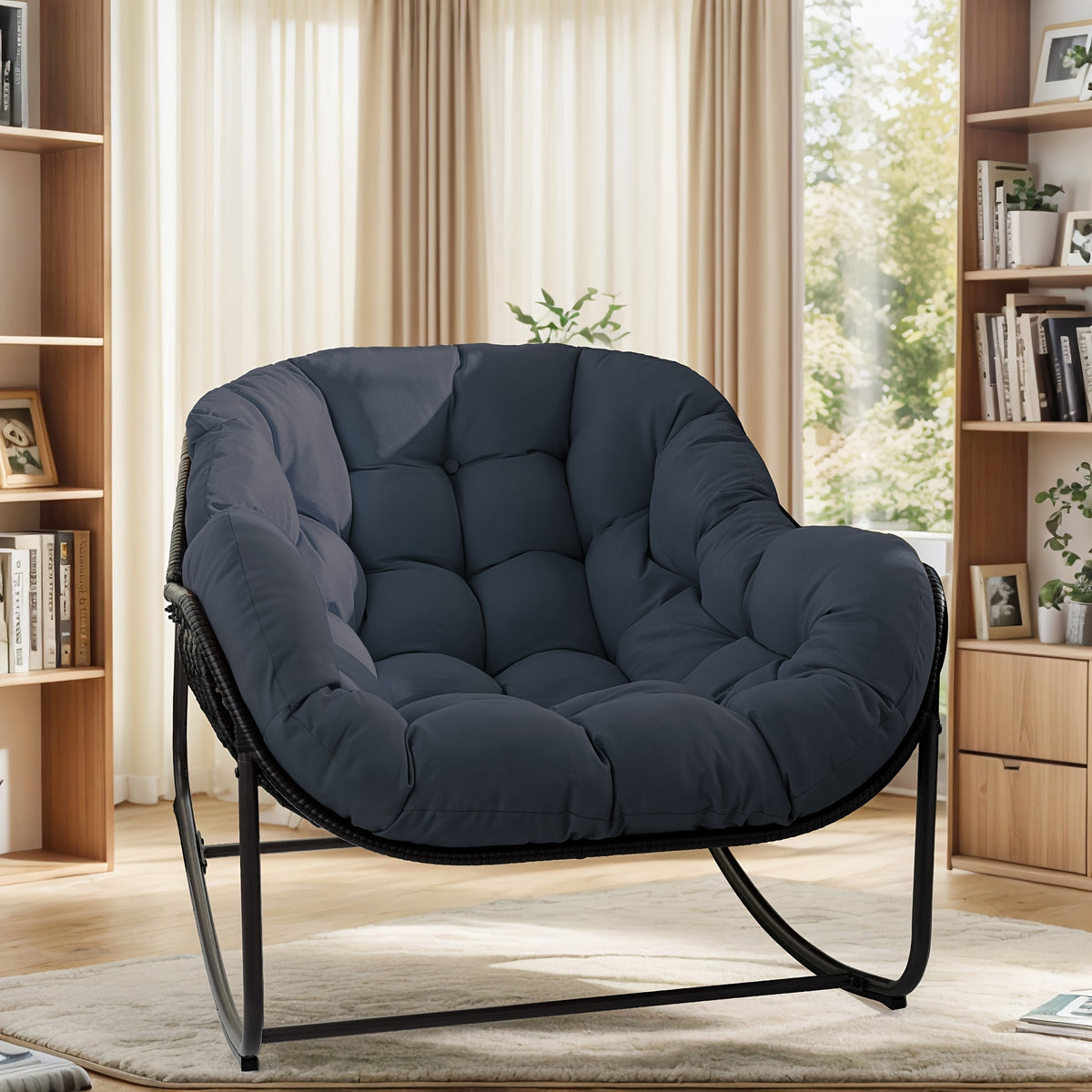 Papasan Rocking Chair Outdoor, All Weather Wicker Papasan Patio Chair with Cushion And Pillow, Heavy Duty Metal Oversized Papasan Rocker Egg Chair for Garden, Patio