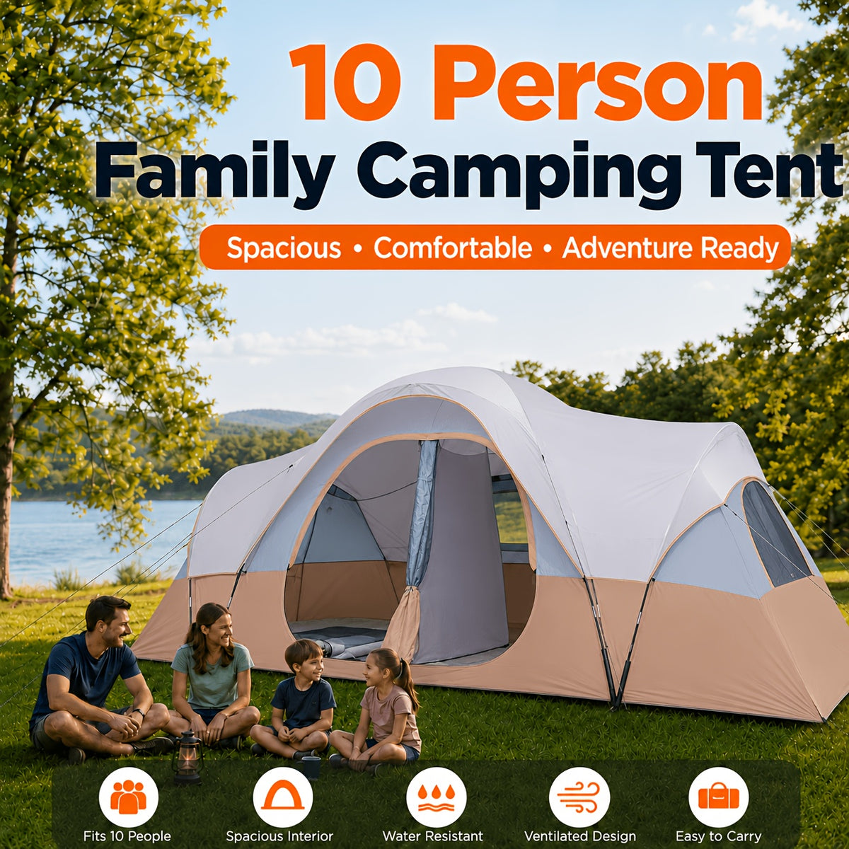 Group Camping Tent for 10 People, Two-Room Privacy Cabin with Mesh Windows and Easy Setup for Family Outdoor Trips