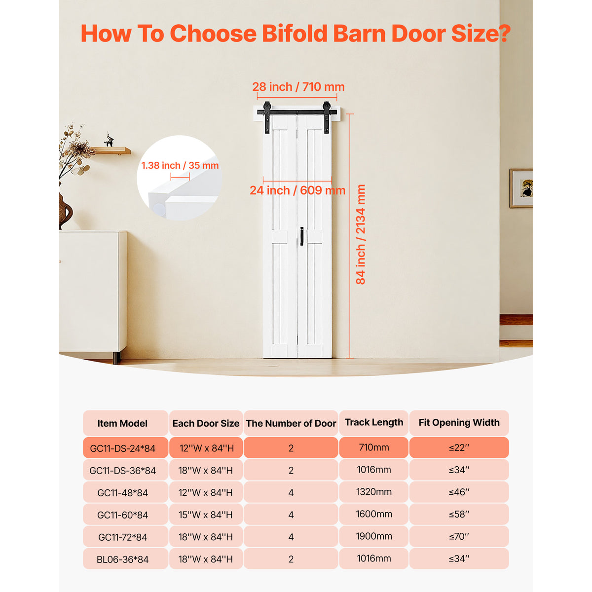 VEVOR Bifold Barn Door, 24" x 84"/36" x 84", MDF Bi-Fold Sliding Closet Doors, Hardware Kit Included, H-Frame Space-Saving Design, Need to Assemble, for Bedroom, Living Room, Wardrobe and Room Divider, White