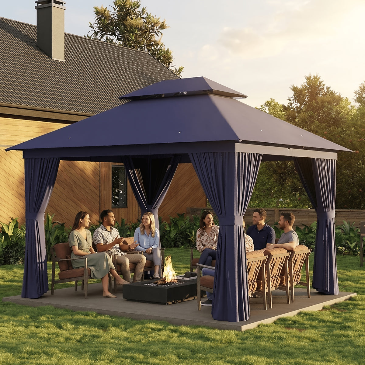 10'X12' Outdoor Double Ventilated Gazebo & Pergola On, Heavy Metal Frame Double Roof, Party Tent with Mosquito Net And Privacy Screen, Suitable for Backyard, Lawn, Garden, Deck (Grey/Beige/Blue 10'X12'/10'X10/8'X8')