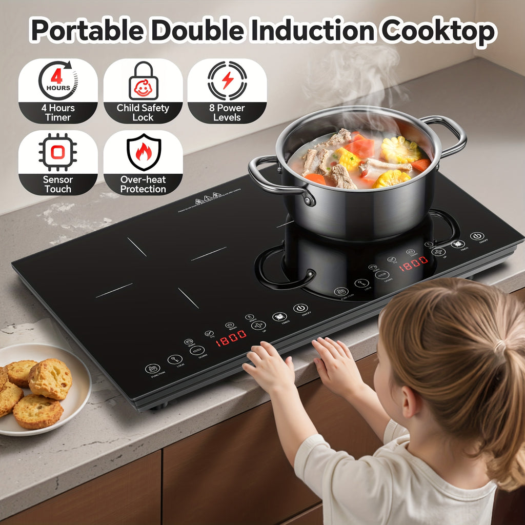 Portable Induction Cooktop 2 Burners, 1800W Double Induction Cooker with 8 Power Settings, 4 Pre-Set Modes, Ultra Thin Design, Sensor Touch Control, Child Safety Lock & Timer, Kitchen Electric Cooktop
