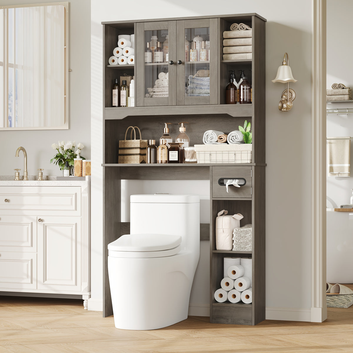 Storage Cabinet for Above The Toilet, Featuring Glass Doors And a Paper Holder, Designed As a Bathroom Shelf to Save Space in Restrooms And Laundry Areas