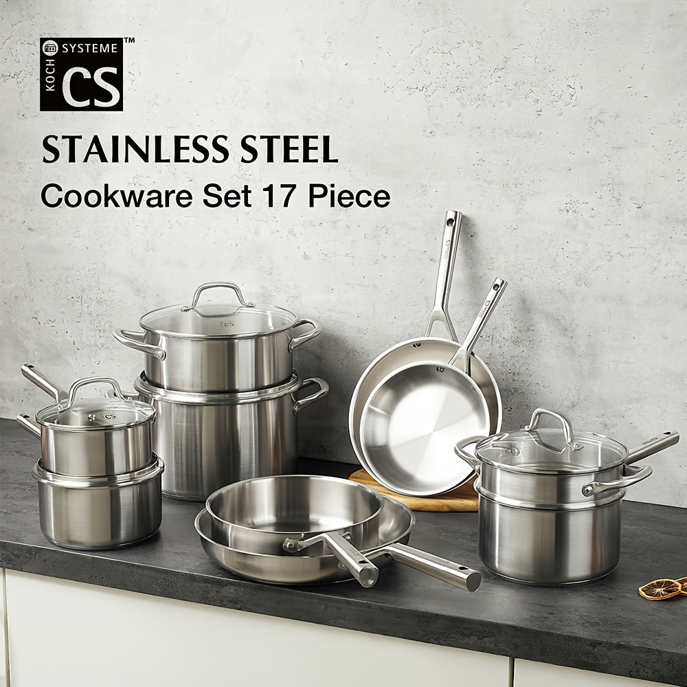 17pcs Stainless Steel Cookware Set, 17pcs Stainless Steel Pots And Pans Set for Home Cooking, Stainless Steel Kitchen Set Suitable for All Stoves, Induction Cookware Set, Oven & Dishwasher Safe