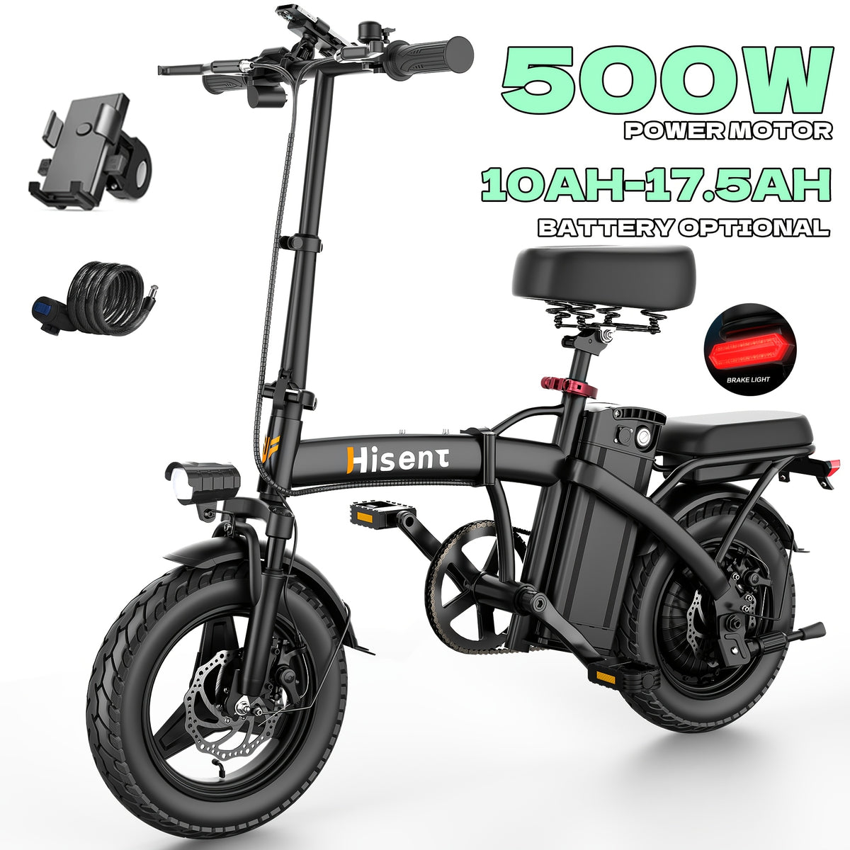 Hisent Folding Electric Scooter, 500W Brushless Motor, Speed 19.9mph, Dual Suspension System, Full Shock Absorption, 48V 10AH-17.5AH Battery(optional), 15-35 Miles Range, 14-inch High-quality Tires, With Double Seats