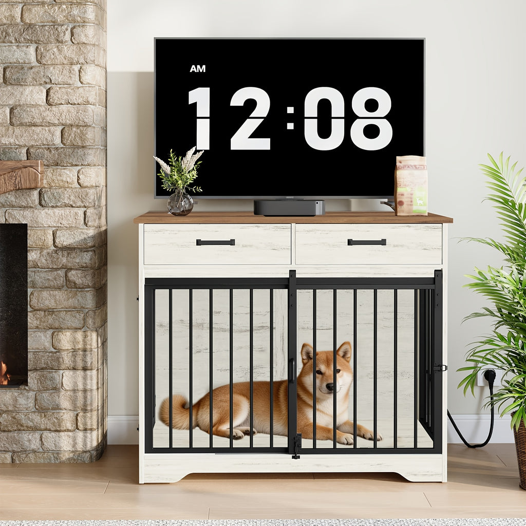 38.2'' Dog Crate Furniture with Charging Station, Barn Door Dog Kennel Indoor with 2 Storage Drawers, Wooden Pet Cage End Side Table for Medium/Large Dogs, Chew-Proof, Black/White Brown