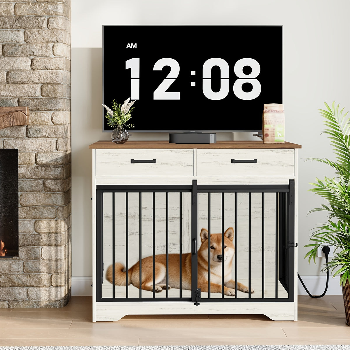 38.2'' Dog Crate Furniture with Charging Station, Barn Door Dog Kennel Indoor with 2 Storage Drawers, Wooden Pet Cage End Side Table for Medium/Large Dogs, Chew-Proof, Black/White Brown