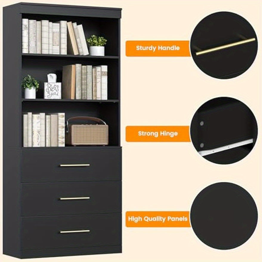 71" Black 3-Tier Bookshelf with Drawers & Open Shelves - Freestanding Tall Storage Cabinet for Home Office, Living Room, Study - Easy Assembly, No Power Needed, Bookcase Furniture, Modern Aesthetic, Sturdy Construction, Minimalist Design, Durable Material