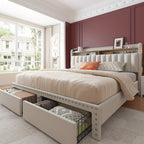 King Size Upholstered Bed Frame with Storage, 2-Tier Headboard And 2 Drawers, Sturdy Wood Slats, No Box Spring Needed, Noise-Free, Modern Grey/Beige, Easy Assembly, Space Saving