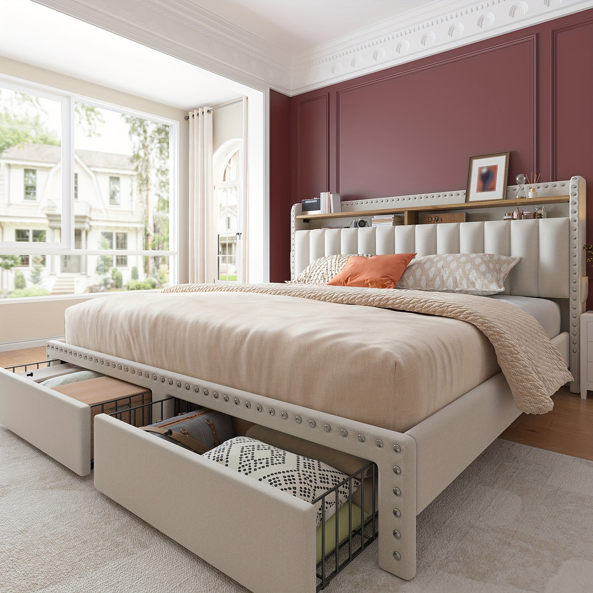 King Size Upholstered Bed Frame with Storage, 2-Tier Headboard And 2 Drawers, Sturdy Wood Slats, No Box Spring Needed, Noise-Free, Modern Grey/Beige, Easy Assembly, Space Saving