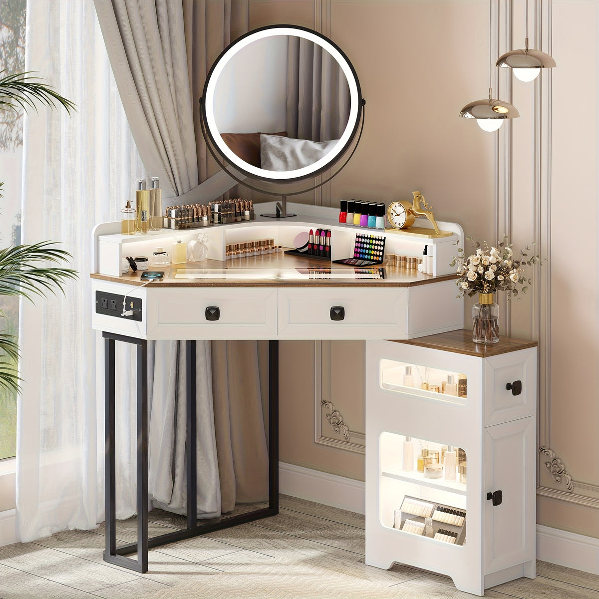 Dystler Corner Vanity With Mirror And Lights, Modern Makeup Vanity Set With Charging Station For Bedroom/Cloakroom, Glass Top Vanity Table With Drawers And Shelves, White