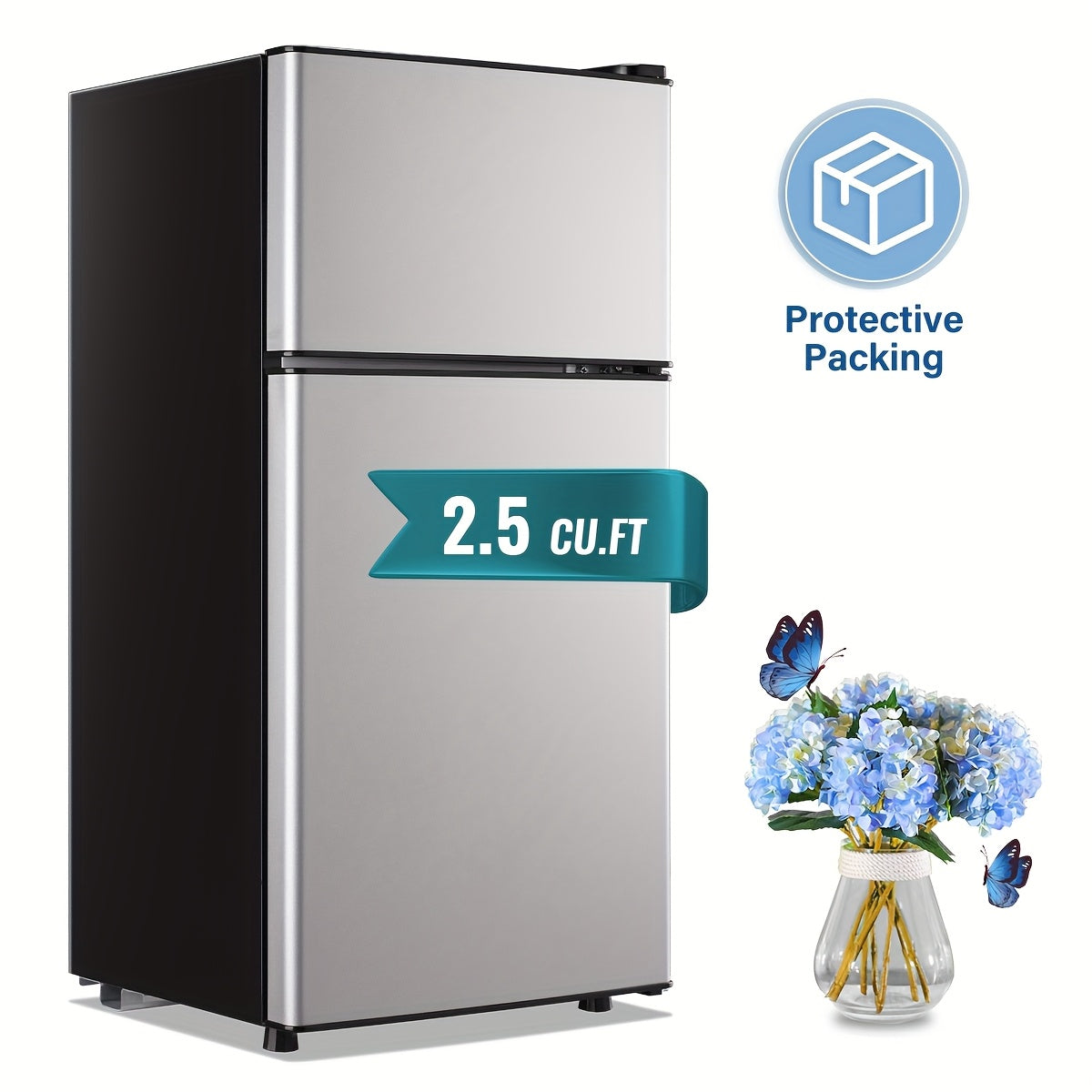 5.0/3.5/2.5 Cu.ft Small Fridge with Freezer 2-Door Compact Refrigerator 7-Level Adjustable Thermostat, Removable Shelves and Bakset, Perfect for Dorm, Office, RV, Bedroom, Silvery
