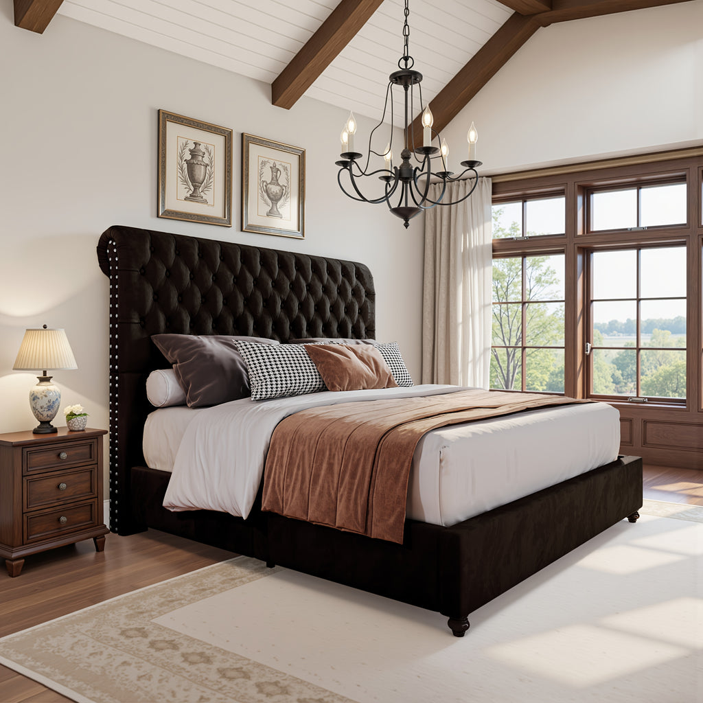 LUXOAK Bed Frame King/Queen Size, Velvet Tall Headboard King Bed Frame with Button Tufted 52.8" Tall Sleigh Headboard, No Box Spring Needed, Easy Assembly