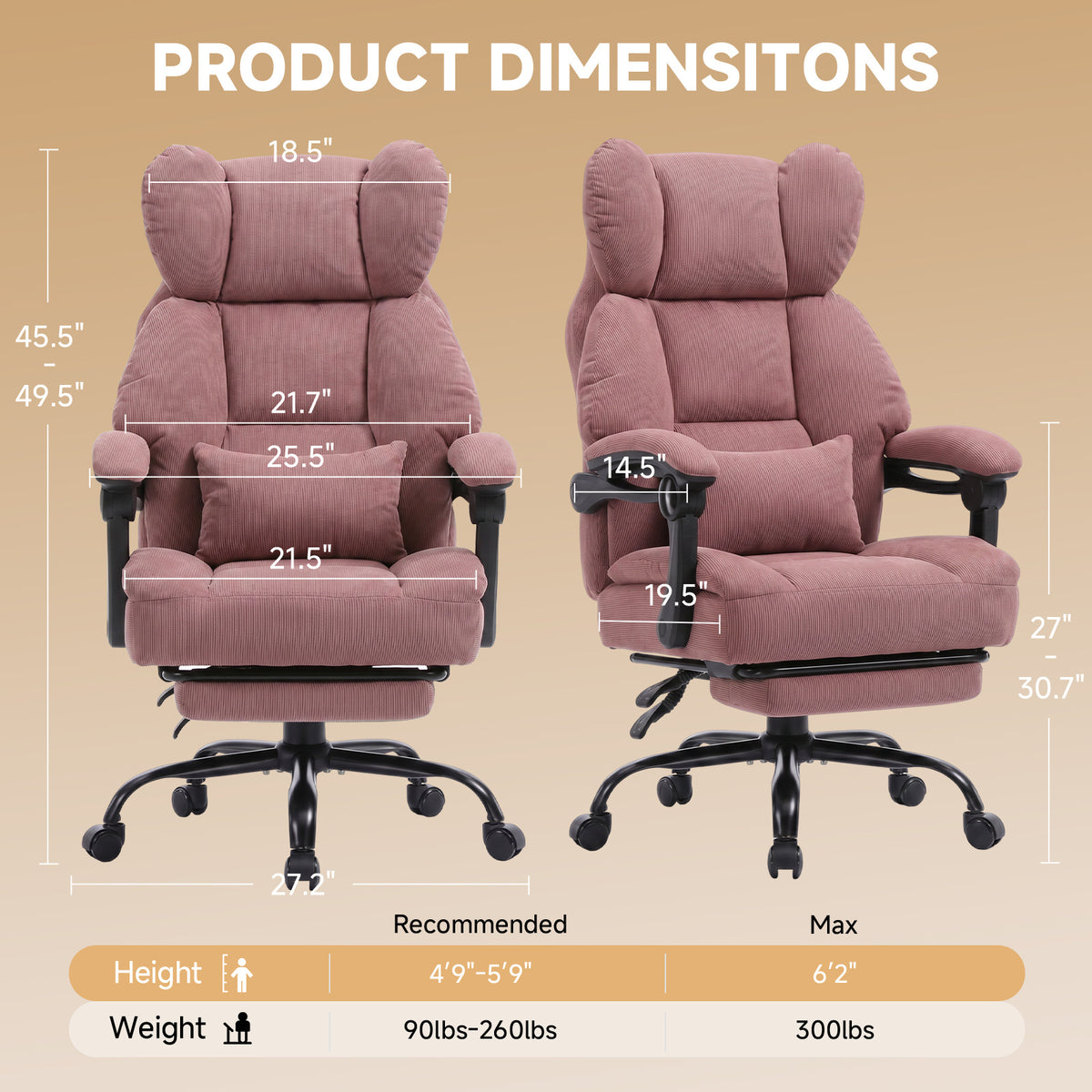 Ergonomic High Back Office Chair with Linkage Widened Armrest, Big&Tall Executive Office Chair, Gaming Chair, Thick Pocket Spring Wide Seated Cushion, Desk Chair with Retractable Footrest for Adults, Faux Leather/Corduroy/Fabric, OC-305