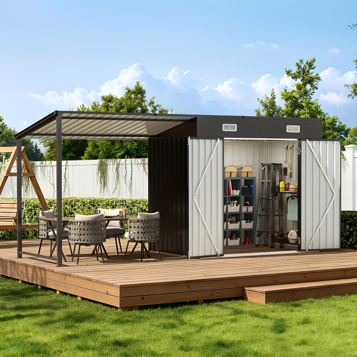 [2-in-1 Outdoor Combo] 6x4/5x3ft Outdoor Storage Shed & Hardtop Gazebo Combo, 2-in-1 Outdoor Combo, Metal Lean to Shed with Open-Sided Pergola, Durable Garden Tool Shed for Patio, Backyard, Deck