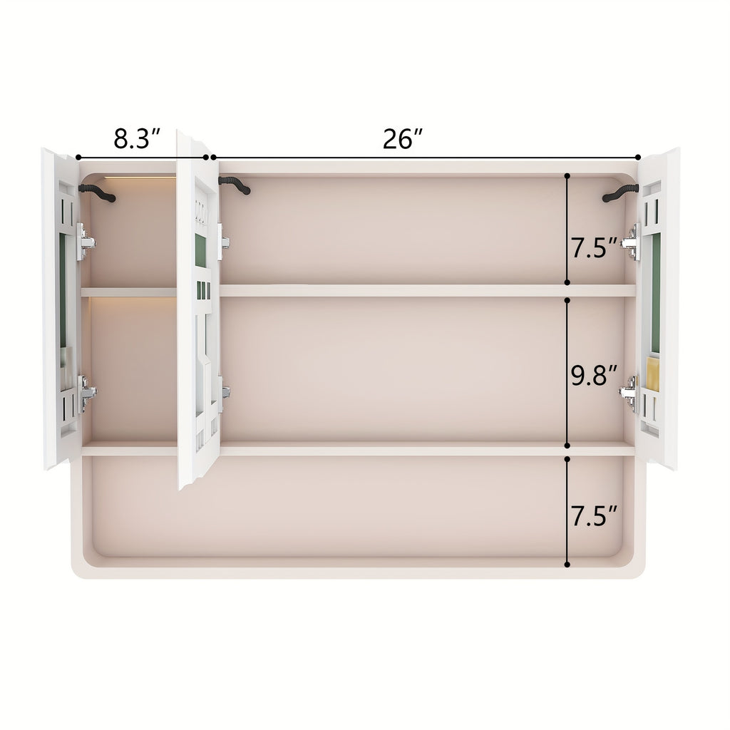 Legend Stone 35"x 28" Aluminum Bathroom Mirror Cabinet with Smart LED Lighting And Defogging, Wall-Mounted Vanity Mirror with Cosmetic Storage Rack And Hair Dryer Holder, Khaki