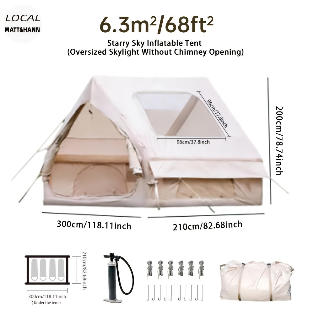 Inflatable Camping Tent（Optional: Skylight, Stove Jack） for 4-6 Person,4 Season Camping Tent, Large Luxury Air Tent with Manual Pump, Easy Setup Portable Glamping House, High Quality Windproof Family Outdoor Shelter Best Valentine's Day Gifts