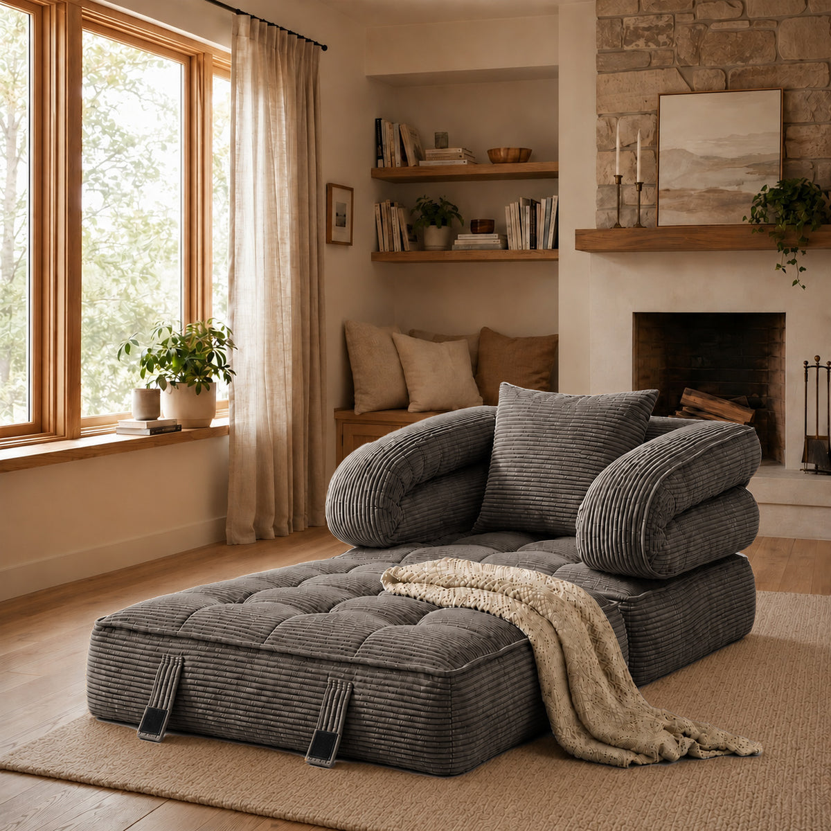 3-in-1 Convertible Folding Sofa Bed, Floor Futon Couch Cloud Shaped Corduroy Upholstered, High-Density Foam Ultra-Soft Comfy Lounge Bean Bag Chair, Versatile Pull-Out Sleeper for Living Room Guest