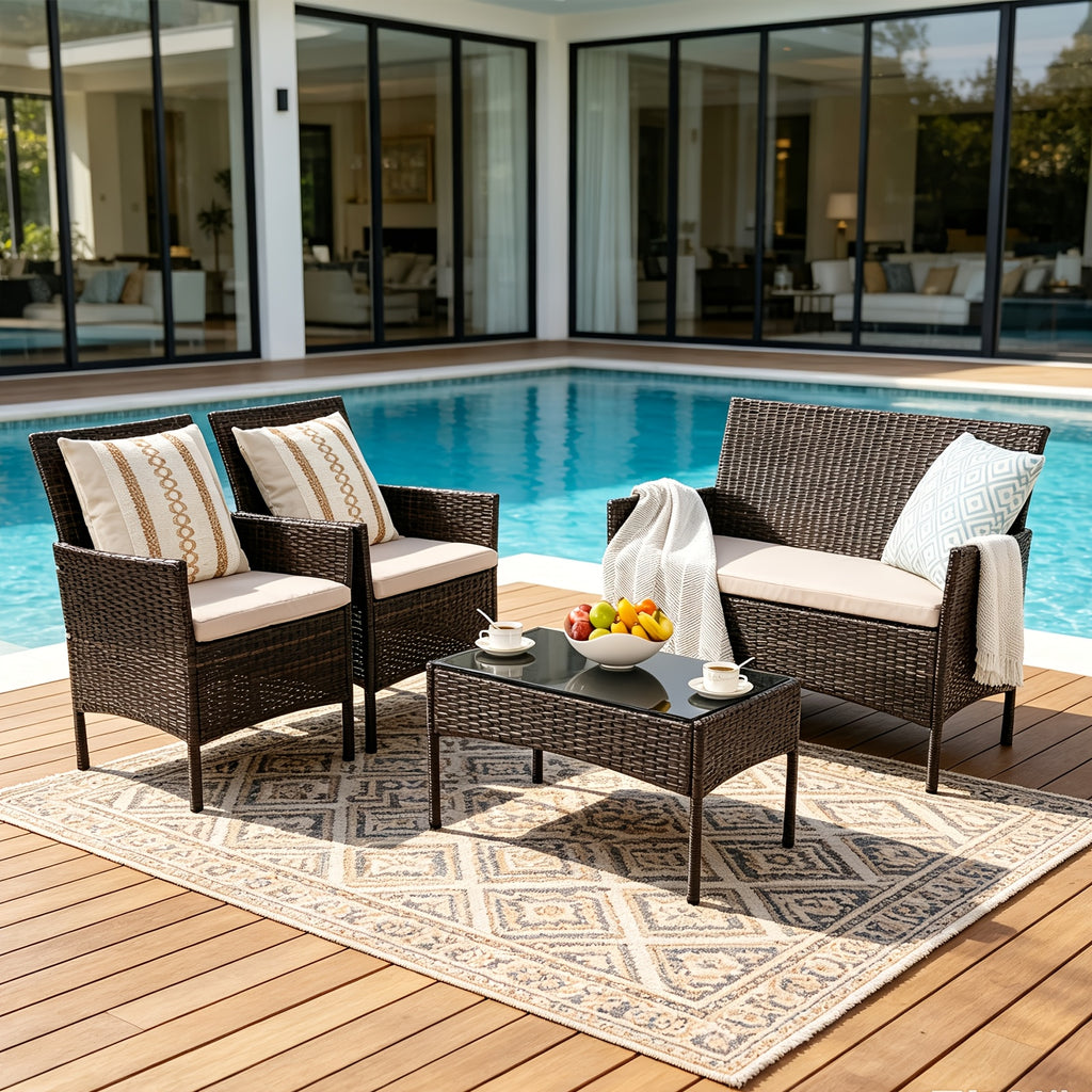 PUPATIOB 4pcs Wicker Patio Conversation Set, Outdoor Rattan Sofas with Table Set, Patio Furniture Set with Soft Cushions & Tempered Glass Coffee Table for Poolside Balcony