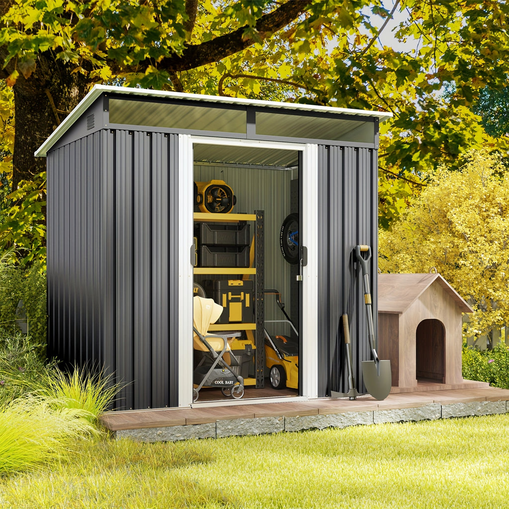 Metal Storage Shed with Lockable Sliding Doors and Transparent Windows for Outdoor Tools and Bikes, 6x4 FT or 8x6 FT