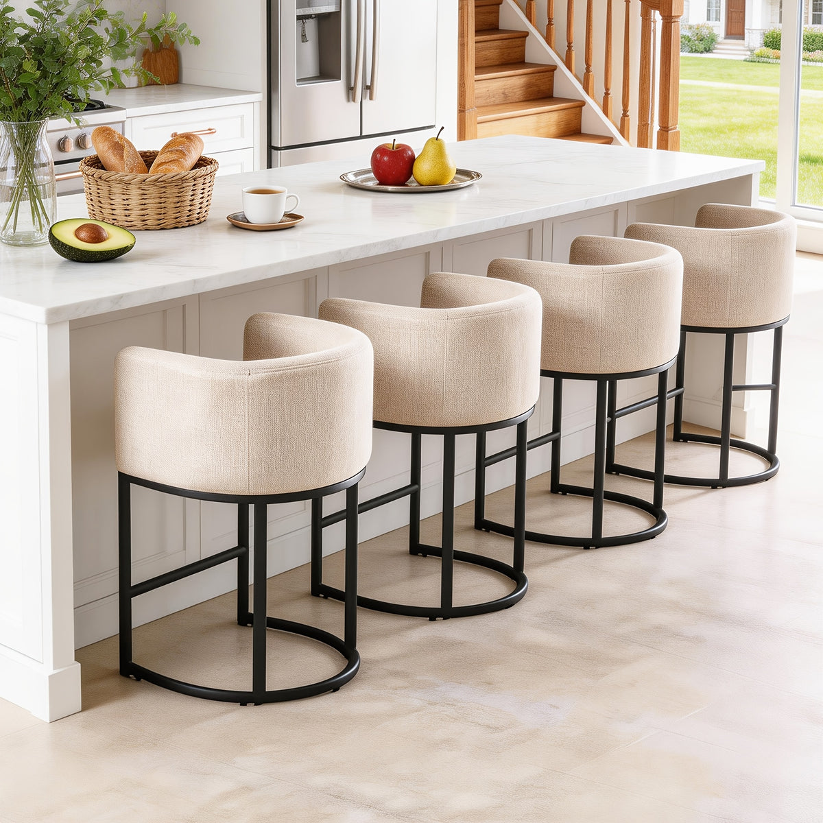 Medieval Modern Style Upholstered Dining Chair, Barrel-shaped Backrest with Metal Frame - Linen Fabric, Easy-to-clean Surface, Seating, Dining Furniture, Living Room Furniture, Multiple Colors Are Available for Selection