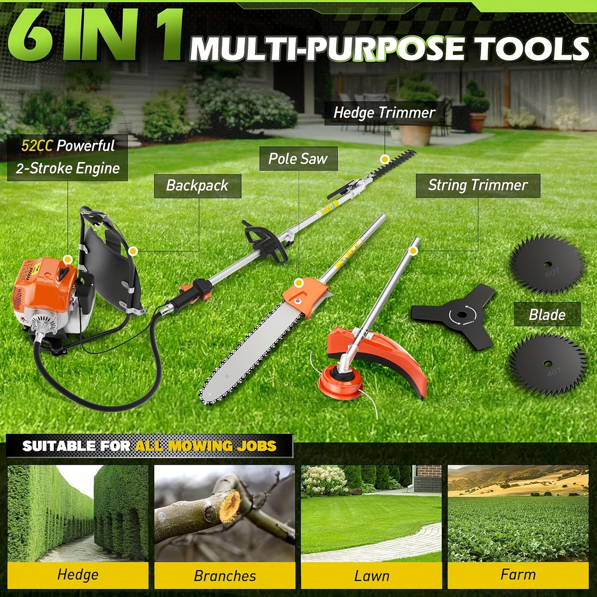 Christmas Gifts - 6in 1 52CC Gas Weed Wacker, 2-Stroke Backpack Gas Pole Saw, Adjustable Hedge Trimmer, Quality Brush Cutter with Four Types Of Mowing Heads for Trimming, Cutting, And Clearing Around Your Garden, Fence, Porch And Pathways (Orange)