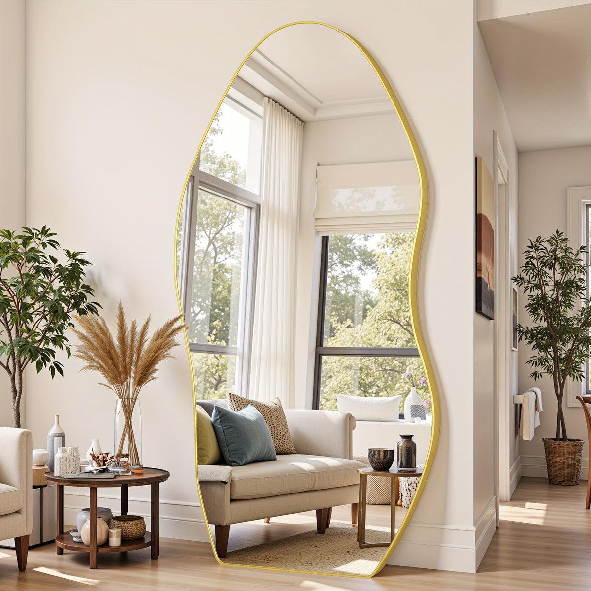 Furnbar Full Length Mirror, 81"X41" Floor Mirror with Stand, Standing Hanging Leaning Irregular Mirrors for Bedroom Living Room Entryway, Wavy Shaped